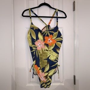 Miracle Brands Beach Betty one-piece swimsuit blue with tropical floral print